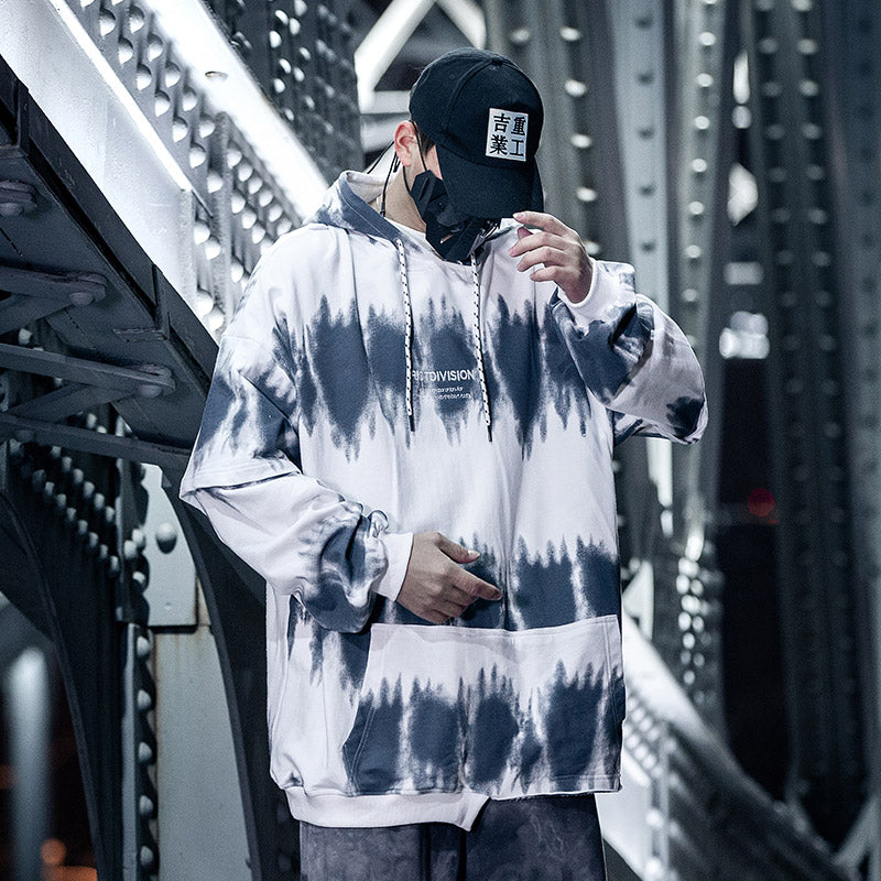 VLTGE tie-dye asymmetric oversized hoodie hip hop streetwear front view