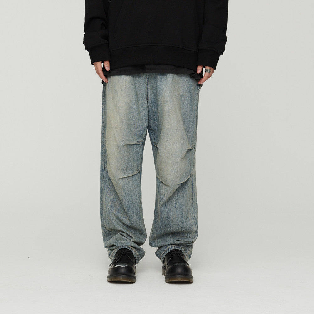 VLTGE baggy pleated denim jeans light wash distressed oversized front view