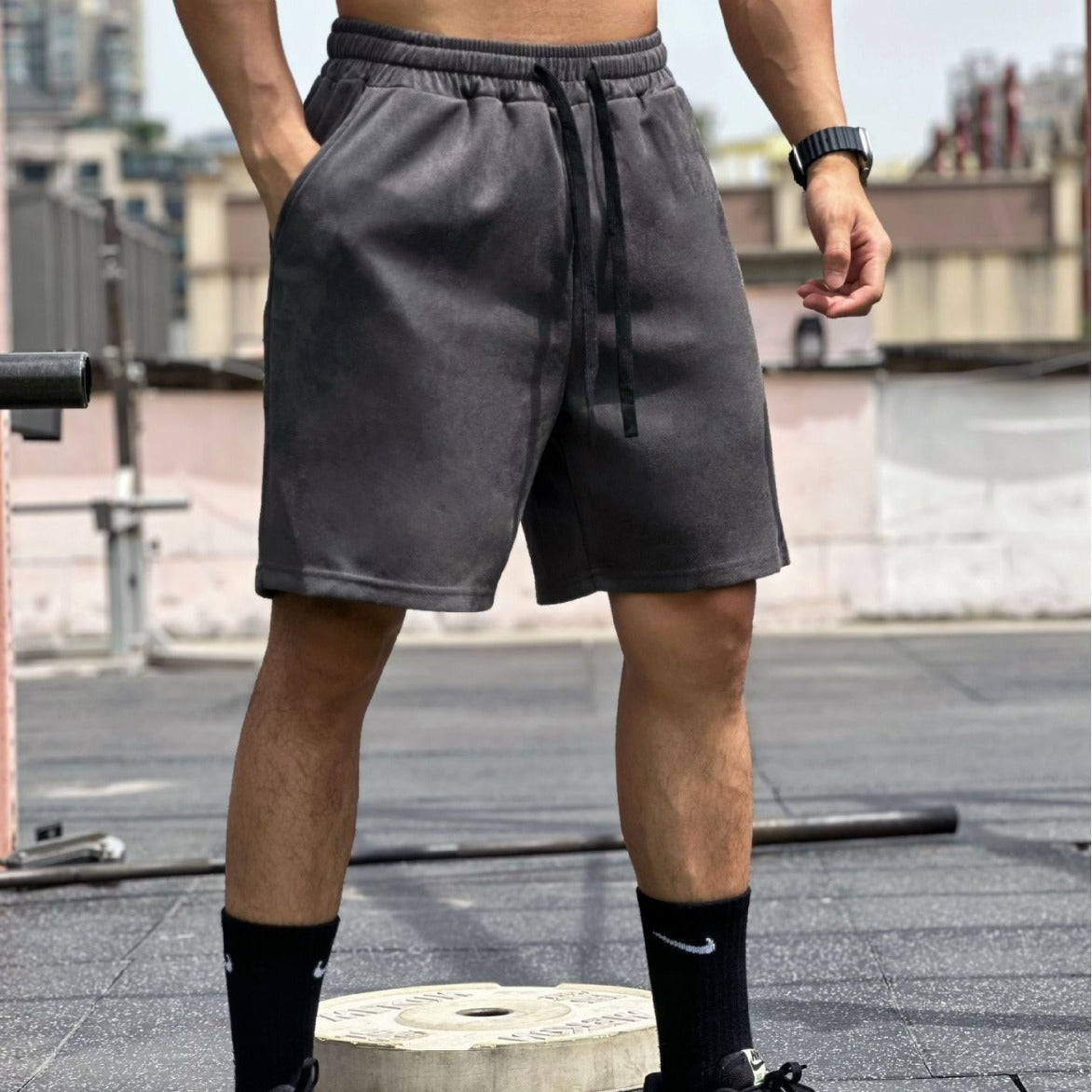 VLTGE men's muscle fit suede basketball pants streetwear front view