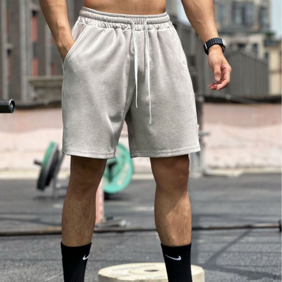 VLTGE men's muscle fit suede basketball pants streetwear front view