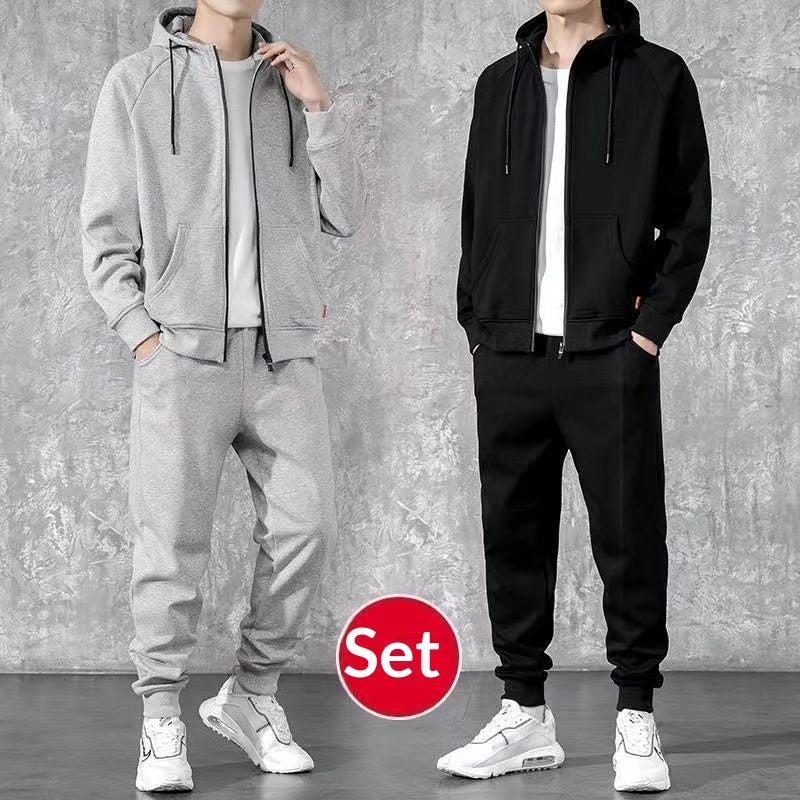 VLTGE men's zip up hoodie tracksuit matching set black streetwear front view