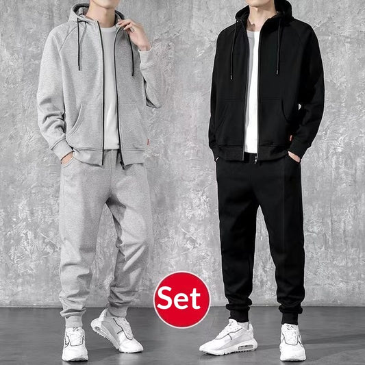 VLTGE men's zip up hoodie tracksuit matching set black streetwear front view