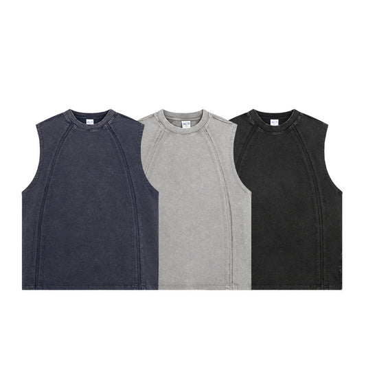 VLTGE washed distressed vest retro hip hop black streetwear front view