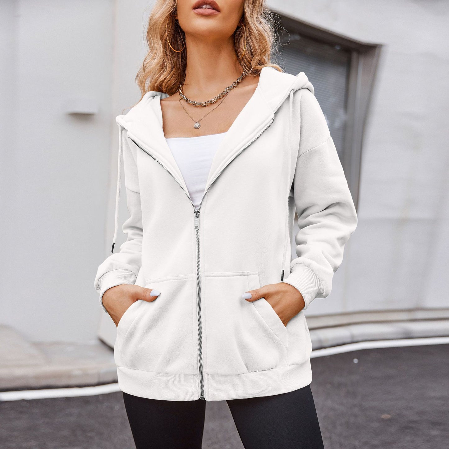 VLTGE women's Korean street style zip up sweatshirt white front view